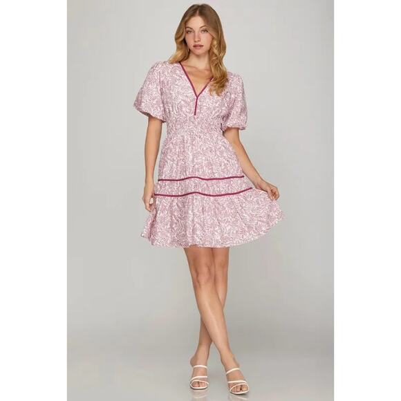 Dresses & Skirts - She + Sky Full Size Printed V-Neck Puff Sleeve Tiered Dress Plus Size